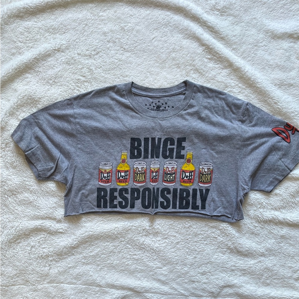 binge responsibly, simpson crop top size large grey duff beer